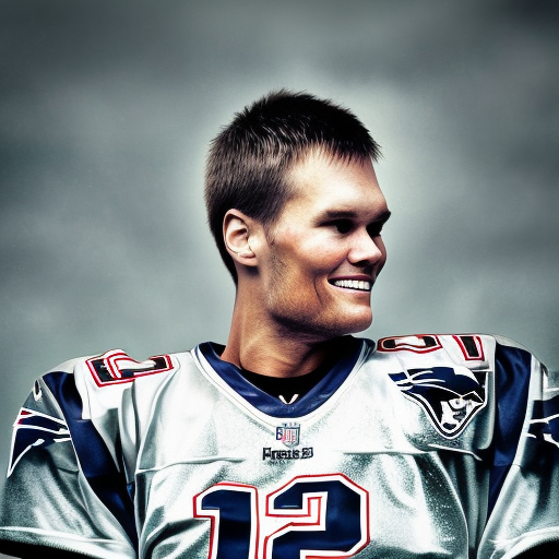 A football player in a number 12 jersey, smiling against a cloudy background.