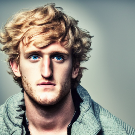 A young man with tousled blonde hair and blue eyes, wearing a light-colored jacket, looks directly at the camera. The background is plain and gray.