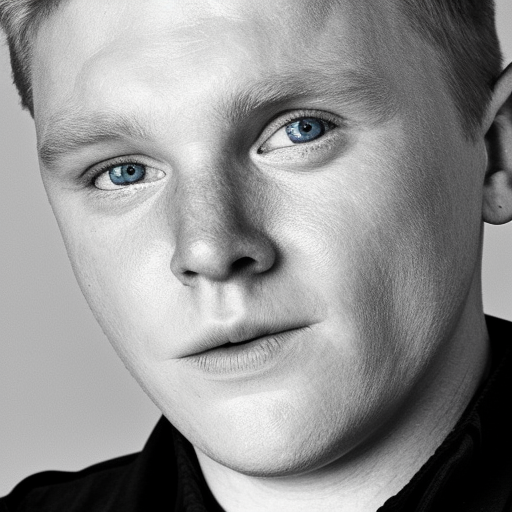Black and white close-up portrait of a person with light-colored eyes, short hair, and a neutral expression, wearing a dark shirt.