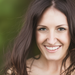 A woman with long brown hair and light skin smiles at the camera against a blurred green background.
