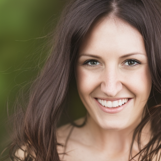 A woman with long brown hair and light skin smiles at the camera against a blurred green background.