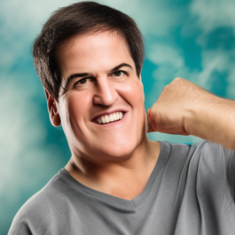 A man with short dark hair smiles at the camera while raising his fist to the side of his face, against a blue sky background.