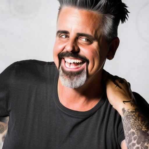 A person with short, styled hair and a beard smiles broadly, wearing a black t-shirt and showing a tattoo on their arm.