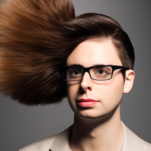 Person wearing glasses with hair blowing dramatically to one side, dressed in a light-colored suit, against a gray background.