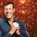 uncovering tony robbins' net worth: a look at his career and financial advice 5 a man in a dark long-sleeved shirt smiles and clasps his hands in front of a glittering, orange and gold background.