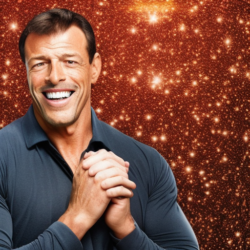 A man in a dark long-sleeved shirt smiles and clasps his hands in front of a glittering, orange and gold background.