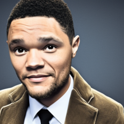 A man with short curly hair and a short beard wearing a brown jacket, white shirt, and black tie in front of a grey background.
