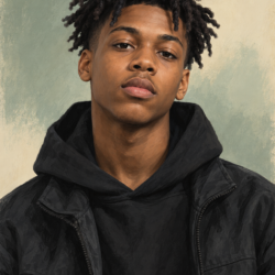 AI-generated editorial illustration of YNW BSlime in dark streetwear against a sage background