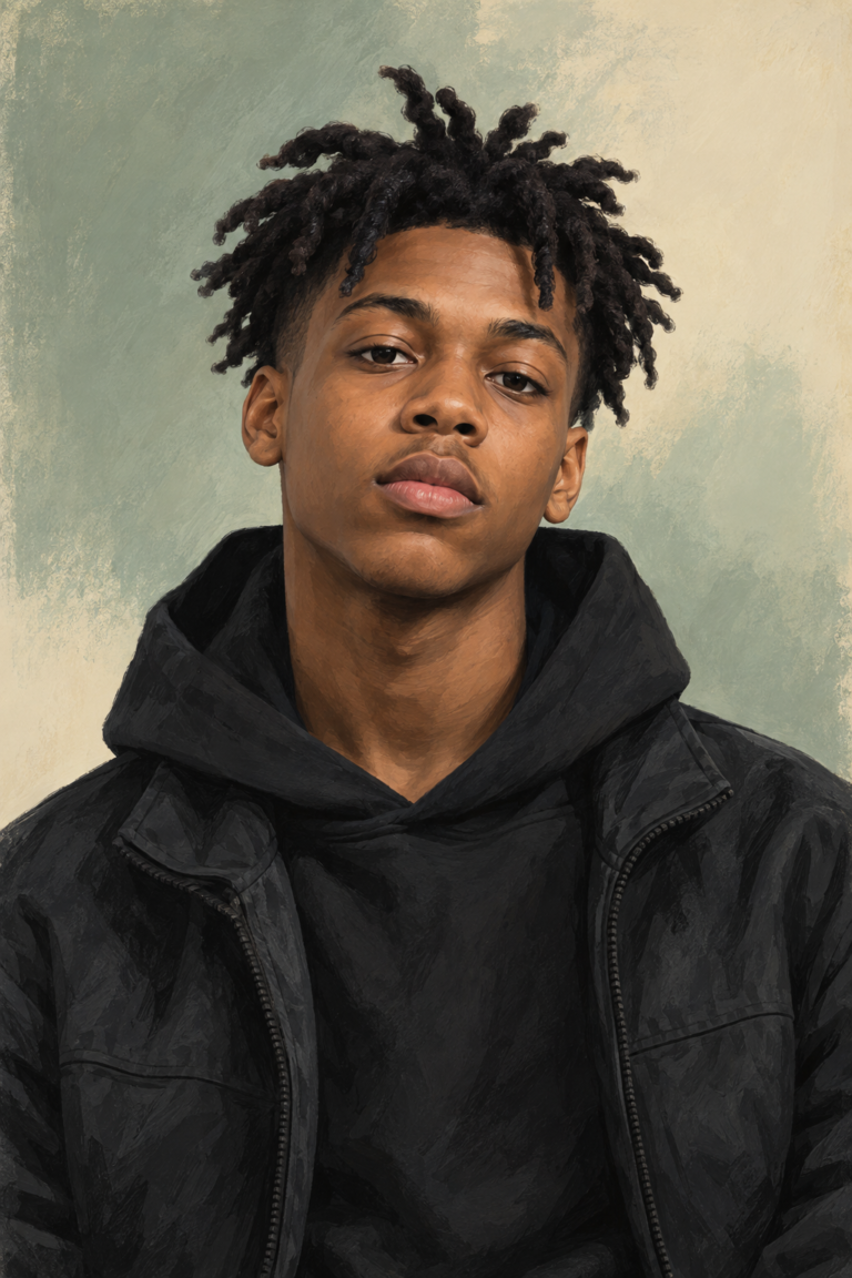 ynw bslime net worth: music, family & career 1 ai-generated editorial illustration of ynw bslime in dark streetwear against a sage background