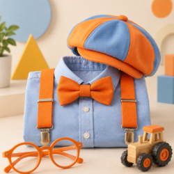 Editorial still life of orange glasses, suspenders, bow tie, blue shirt, cap and wooden toy tractor evoking the Blippi character without depicting a person