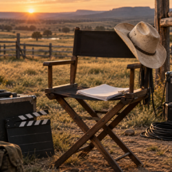 People-free editorial illustration of a film director’s chair, cowboy hat, script pages and clapperboard on a Texas ranch at dawn